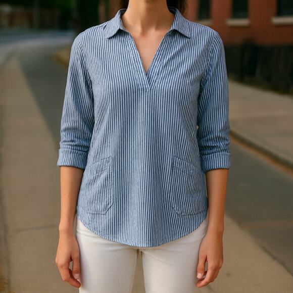 J.Crew Shirt Women's X-Small Re-Imagined Button Up Striped Navy White Pockets - Picture 1 of 8